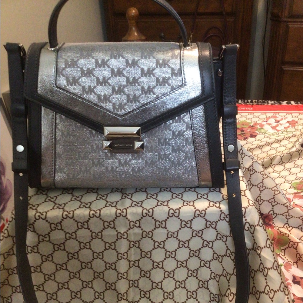 Michael Kors Metallic Silver and Gray Leather Crossbody Satchel